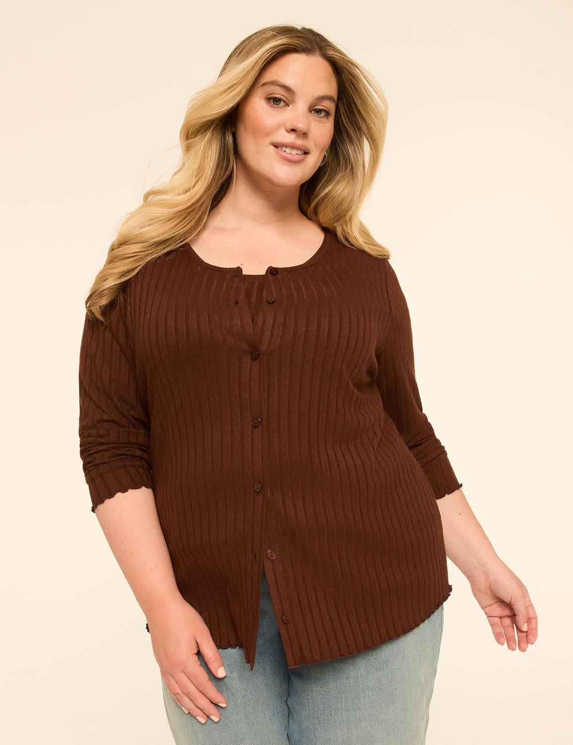 ribbed soft spun button-front cardigan