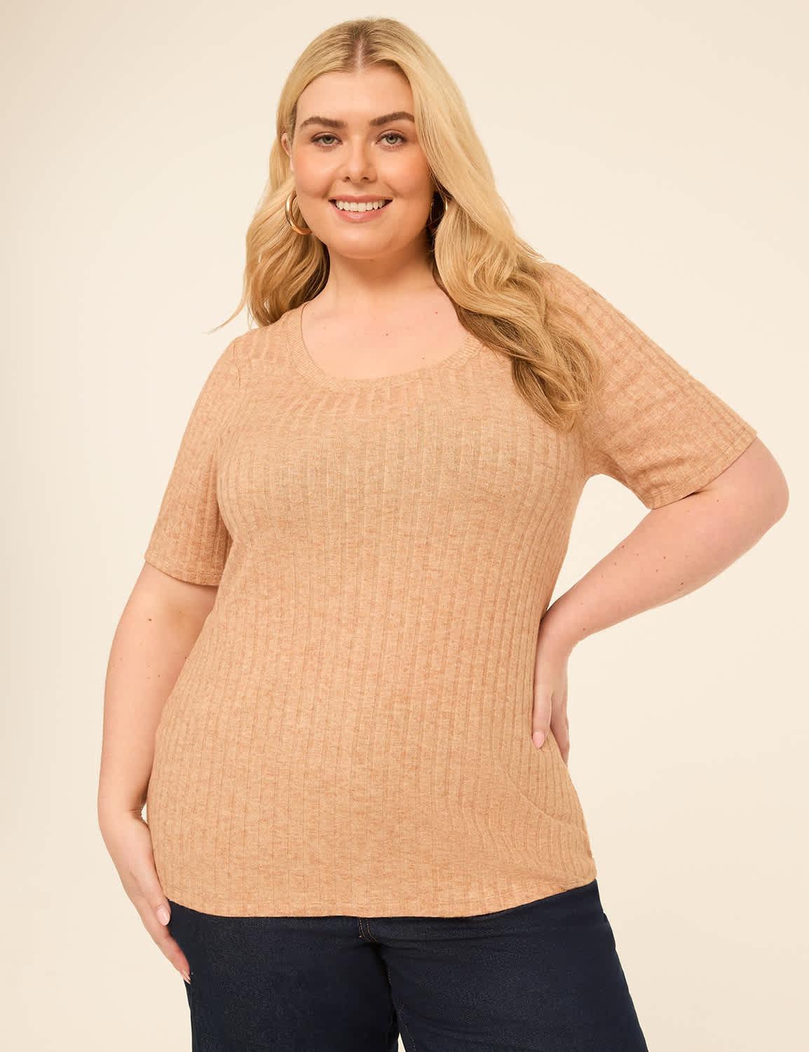 ribbed soft spun elbow-sleeve scoop-neck top