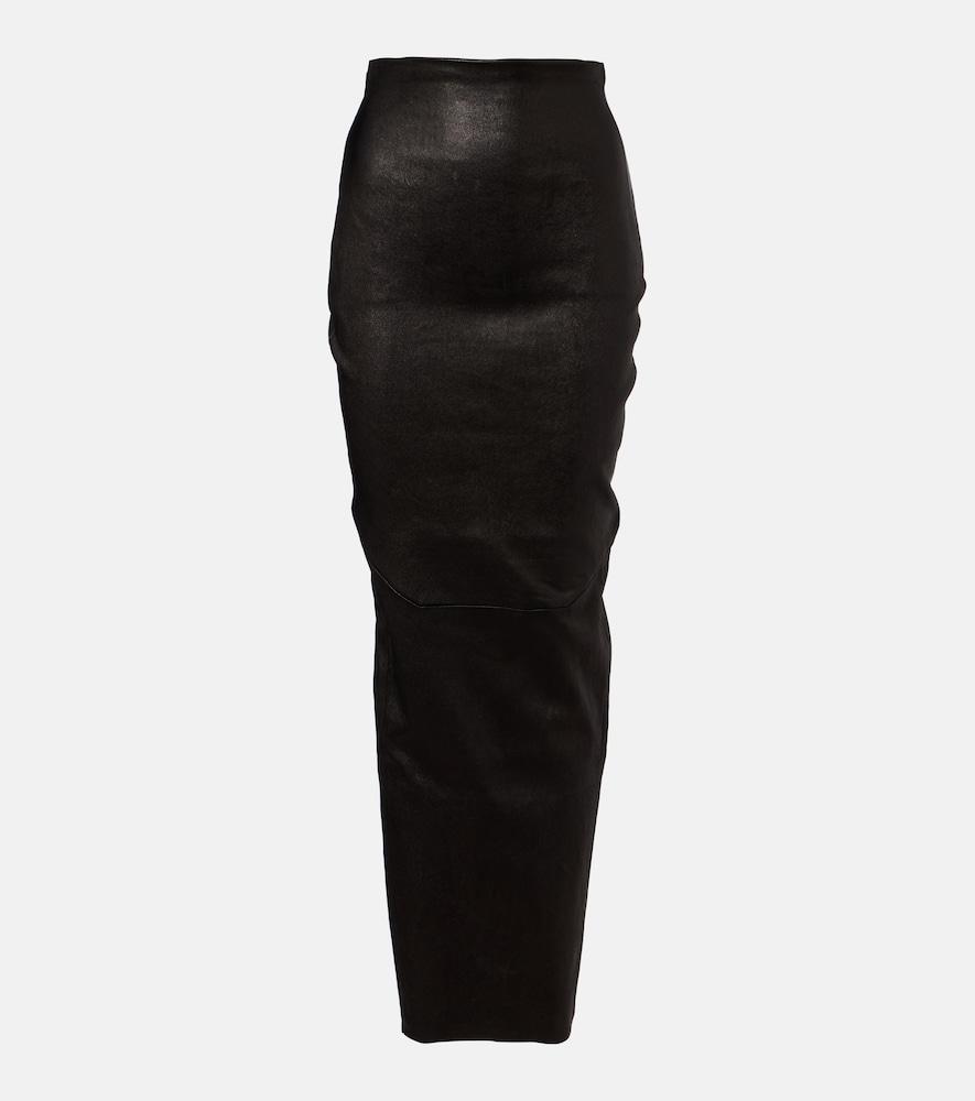 rick owens dirt pillar leather and cotton midi skirt