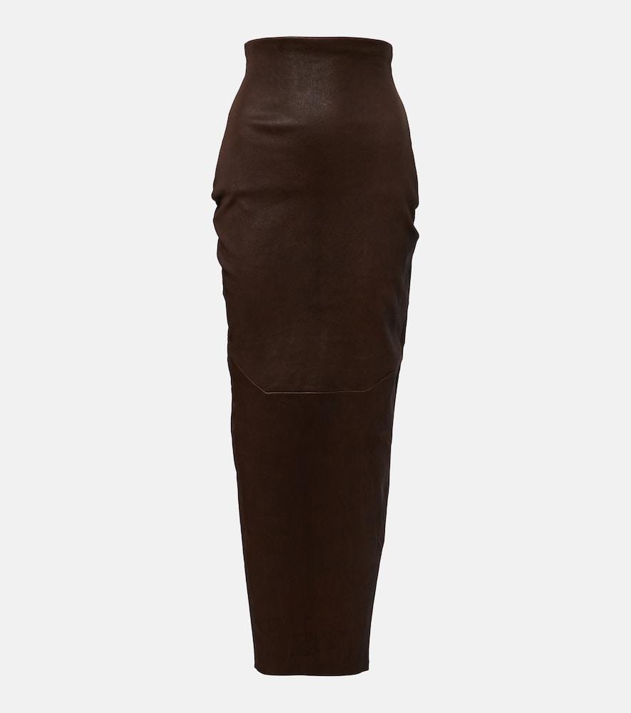 rick owens dirt pillar leather and cotton midi skirt