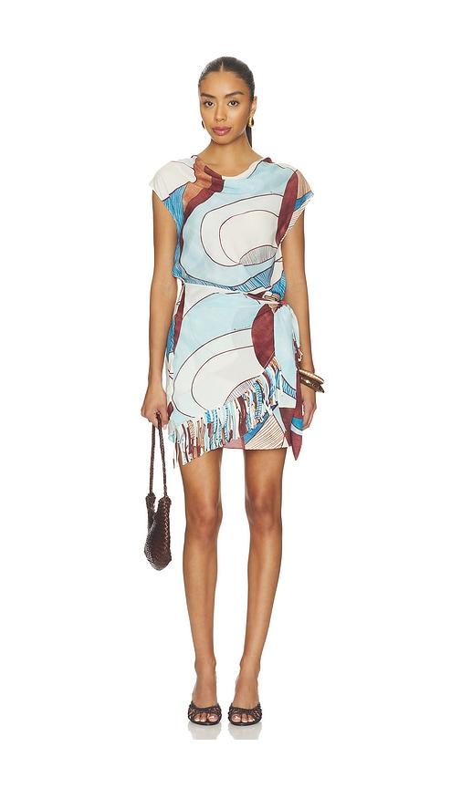 roame. remy fringed mini dress in baby blue,brown. - size s (also in xs)