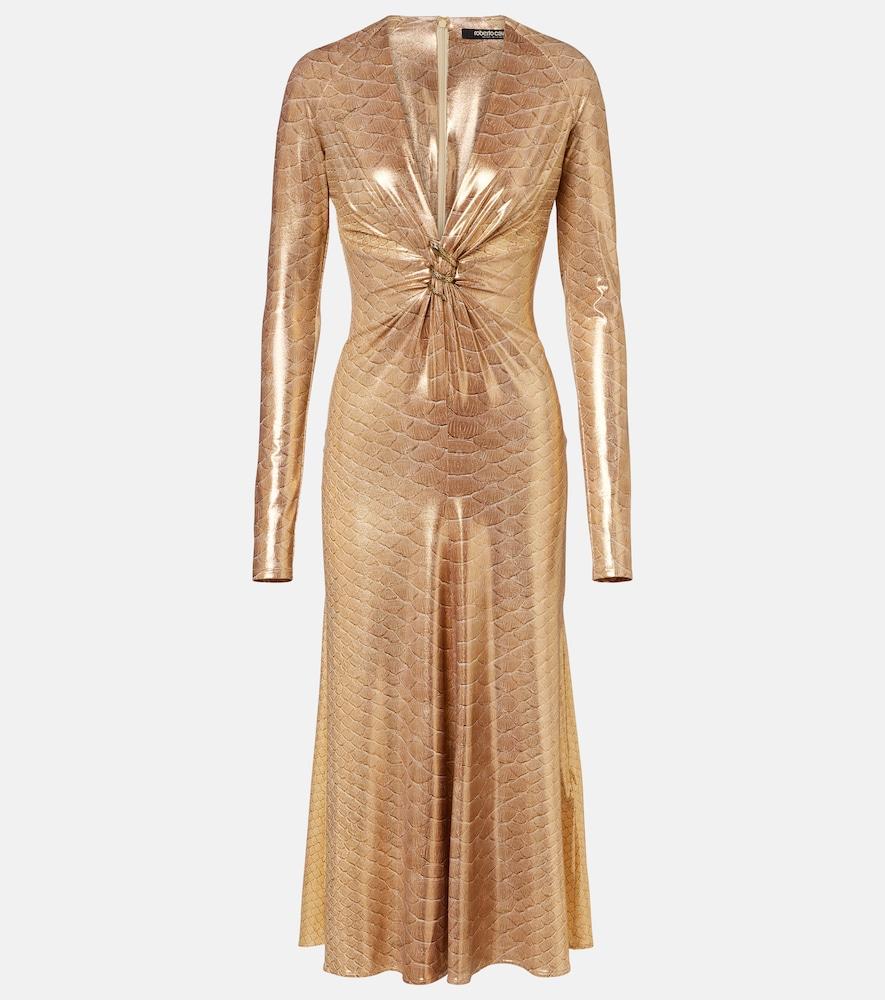 roberto cavalli embellished snake-print midi dress