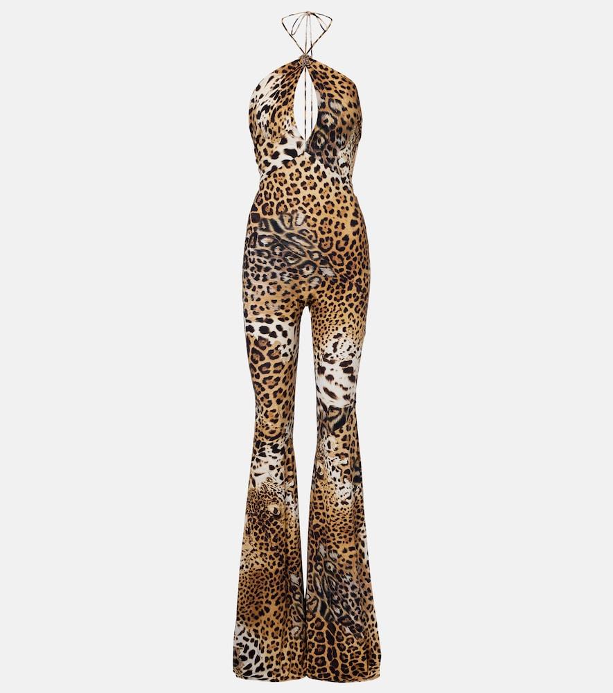 roberto cavalli jaguar-print cutout jersey jumpsuit