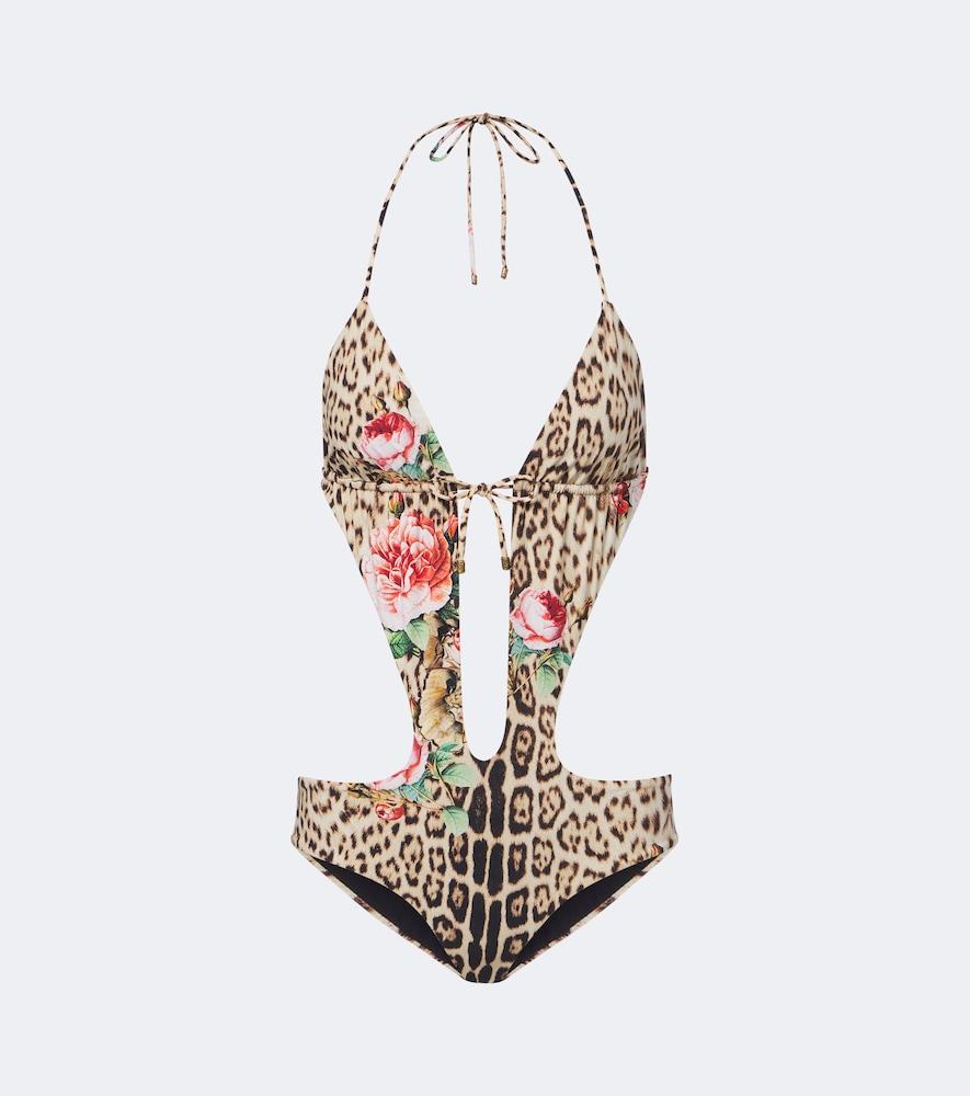 roberto cavalli leopard-print cutout swimsuit