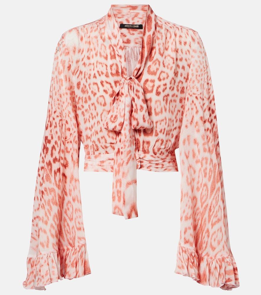 roberto cavalli leopard-print tie-neck jersey blouse