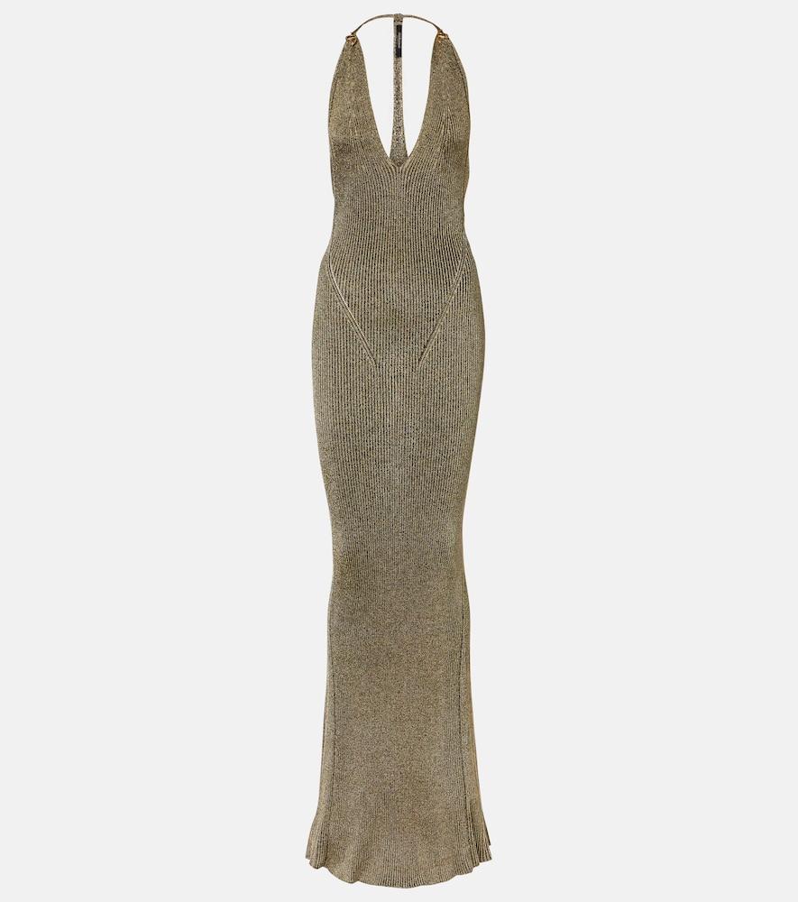 roberto cavalli ribbed-knit lamé maxi dress
