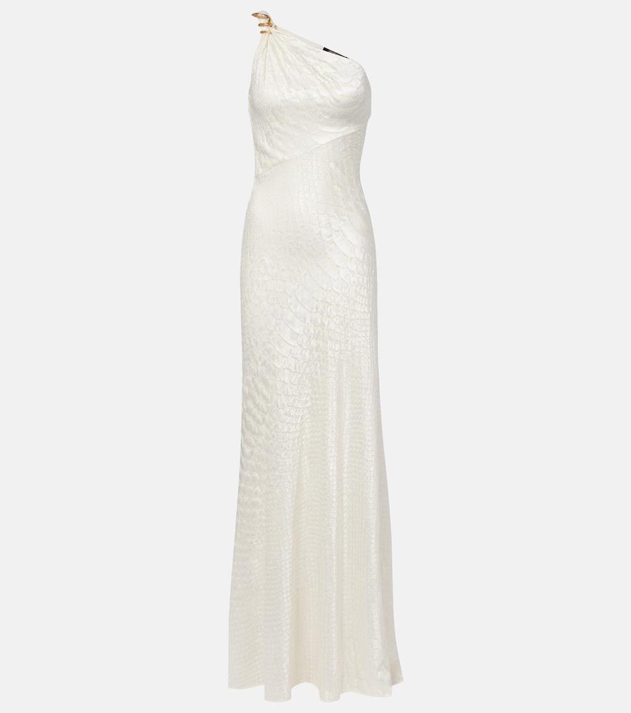 roberto cavalli snake-print one-shoulder gown