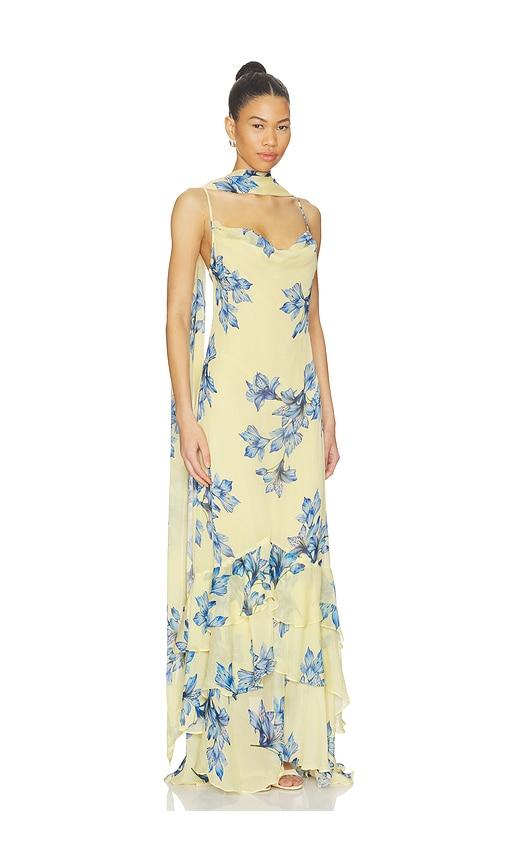 rococo sand cowl maxi dress with sash in lemon,blue. - size l (also in xs, m, xxl)