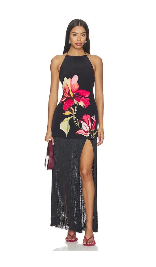 rococo sand ruched bias fringed mini dress in black. - size l (also in xxs, xs, s, m, xl, xxl)