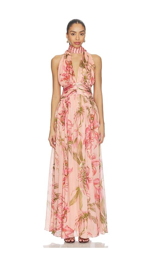 rococo sand ruched sash maxi dress in peach. - size l (also in s, xs, m)