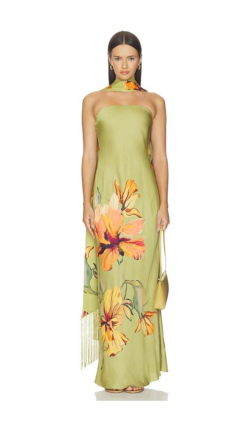 rococo sand strapless maxi dress with fringe sash in olive. - size xl (also in xxl)
