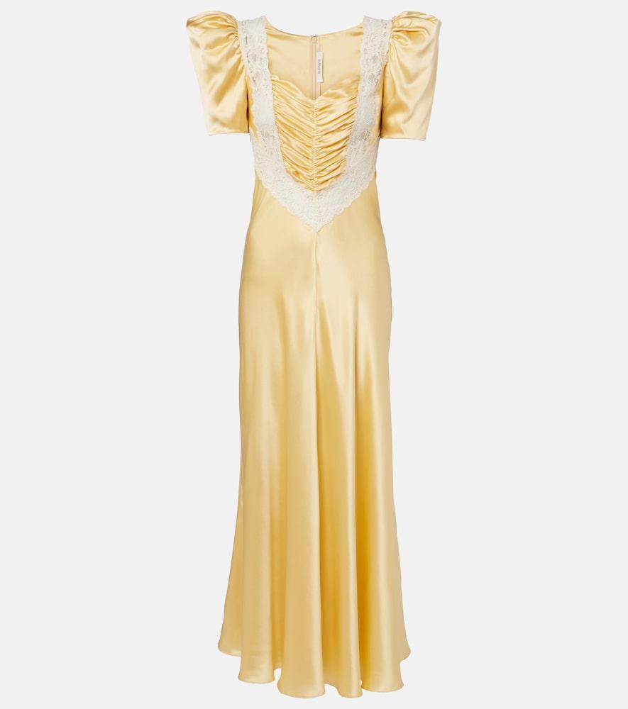 rodarte lace-trimmed ruched silk satin maxi dress
