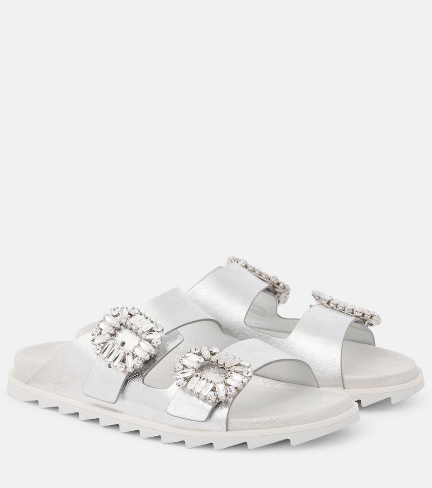 roger vivier crystal-embellished metallic leather slides