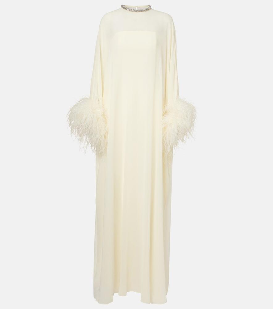 roland mouret feather-trimmed caped silk chiffon gown