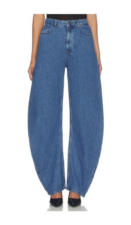 rotate draped barrel leg jeans in blue. - size 24 (also in 25, 26, 27, 28, 29, 30, 31, 32)