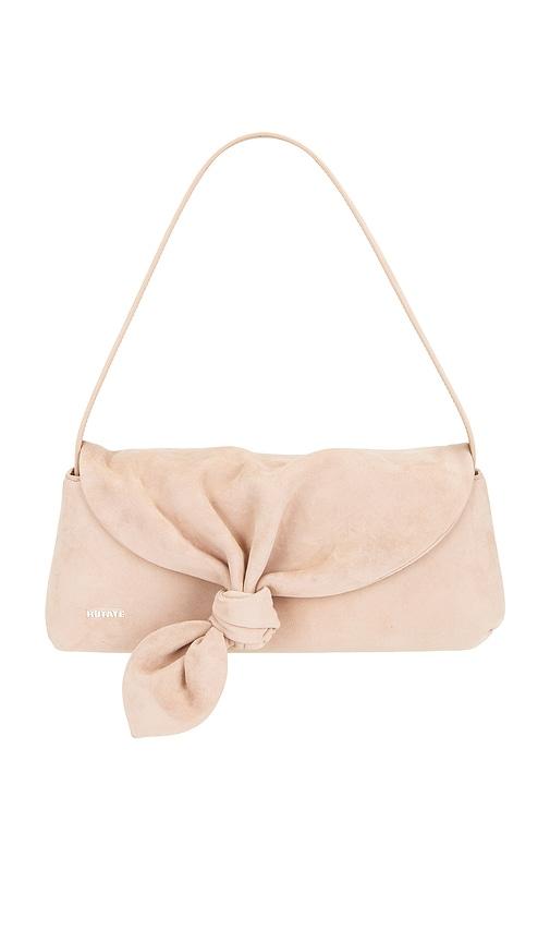 rotate suede knot scarf bag in beige.