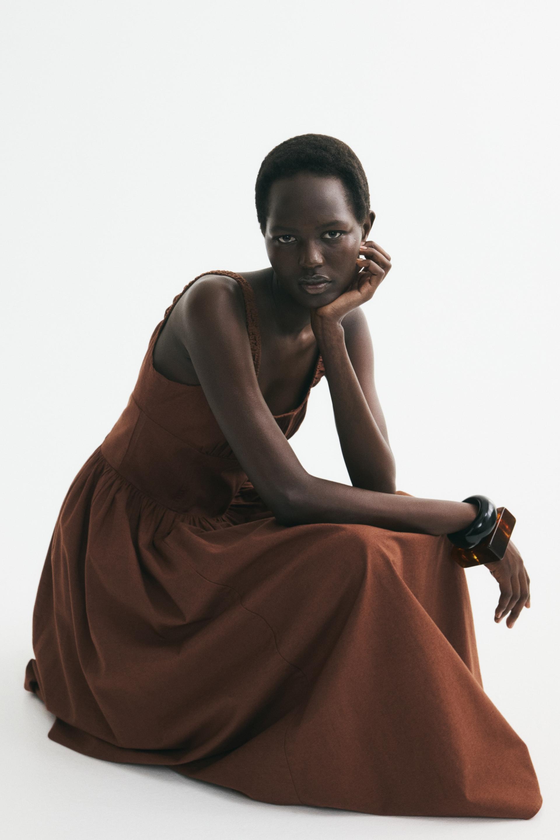 ruched linen-blend dress