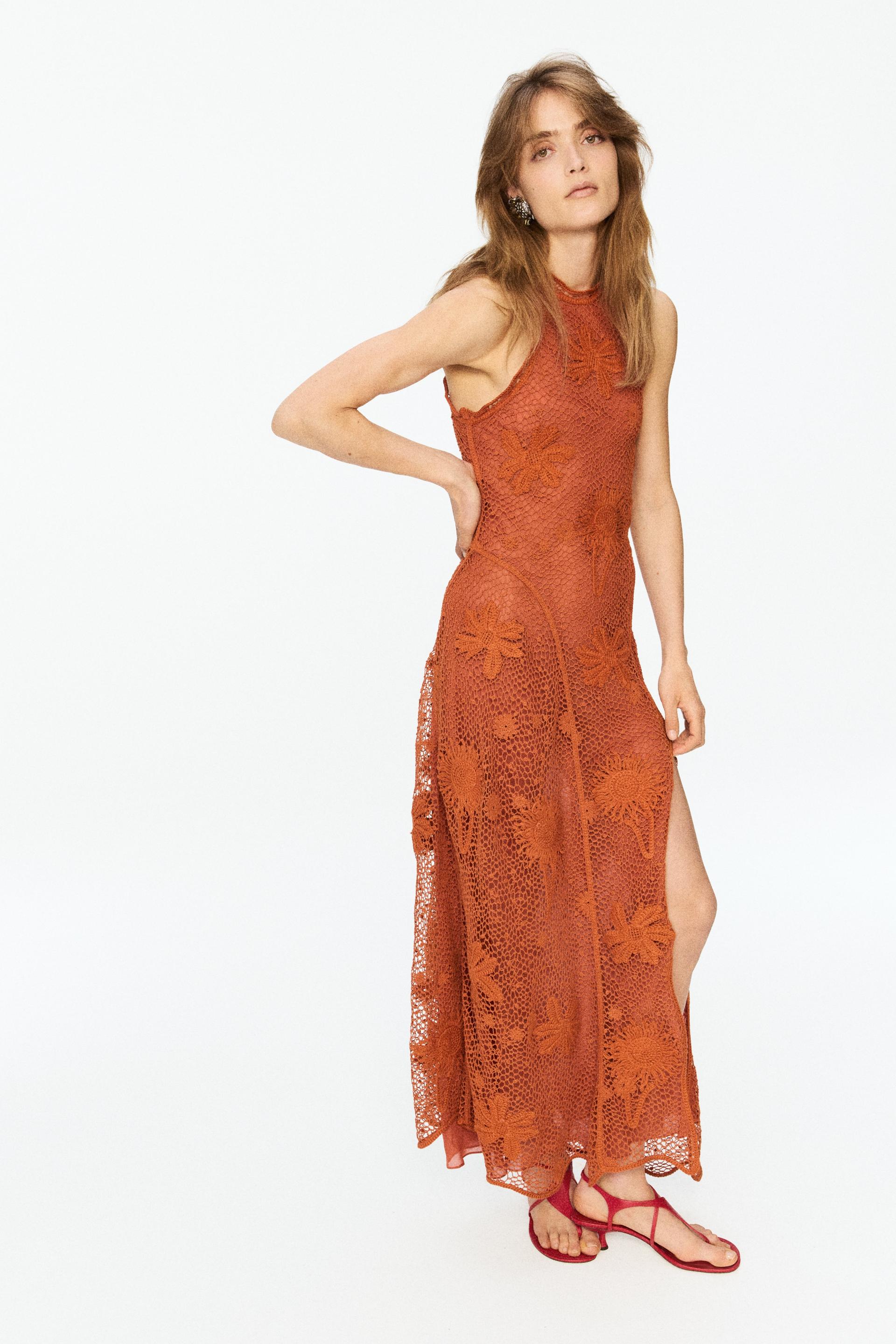 ruffled crochet-look dress