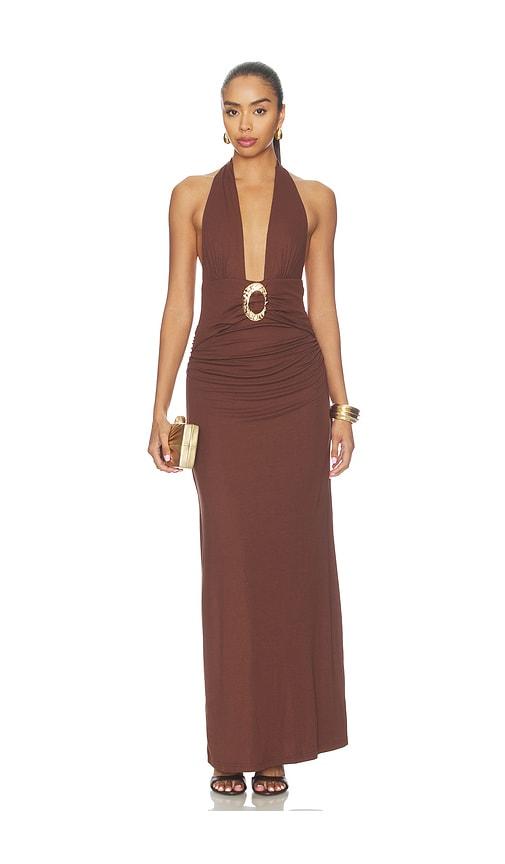 runaway the label arina halter v-neck maxi dress in brown. - size l (also in xs, s, m, xl)