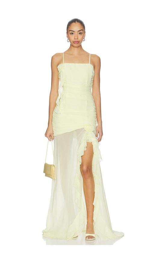 runaway the label eziya ruched frill trim maxi dress in lemon. - size s (also in xs, xl)