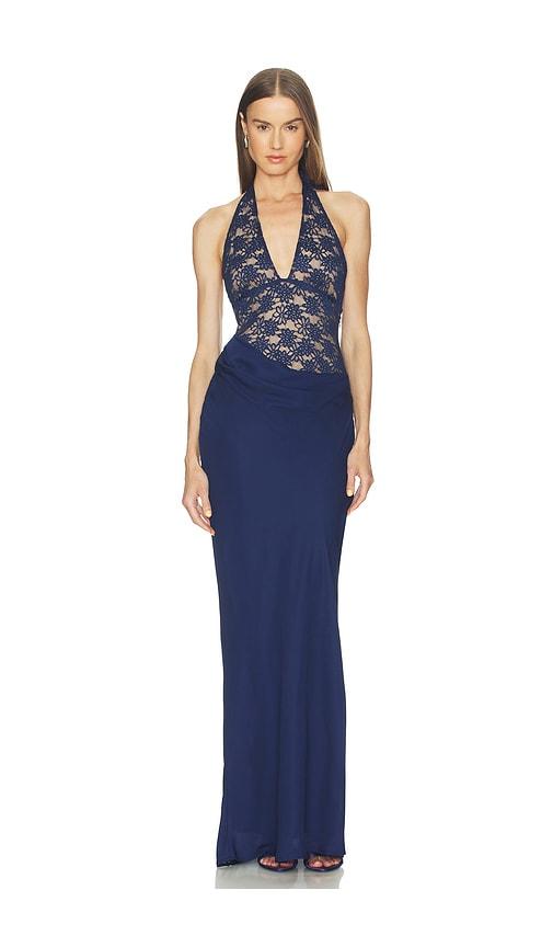 runaway the label lina halter draped maxi dress in navy. - size l (also in s, xs, m, xl)