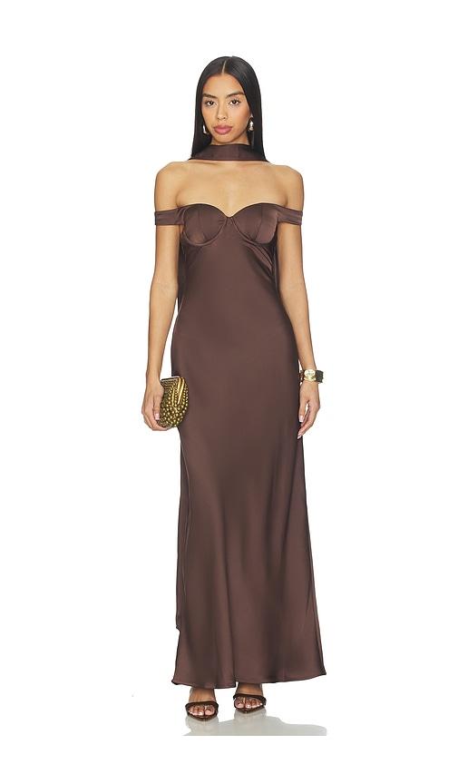 runaway the label raphaella off shoulder maxi dress in chocolate. - size l (also in m, s, xs)