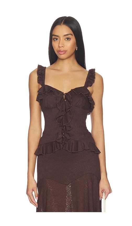 runaway the label roxelle ruffle split front top in chocolate. - size l (also in m)