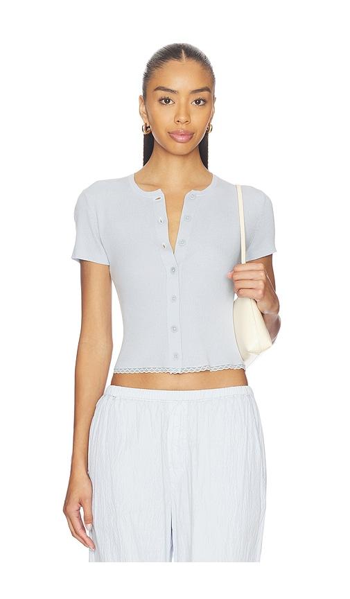 sablyn adelaide slim short sleeve cardigan with lace in baby blue. - size l (also in s)