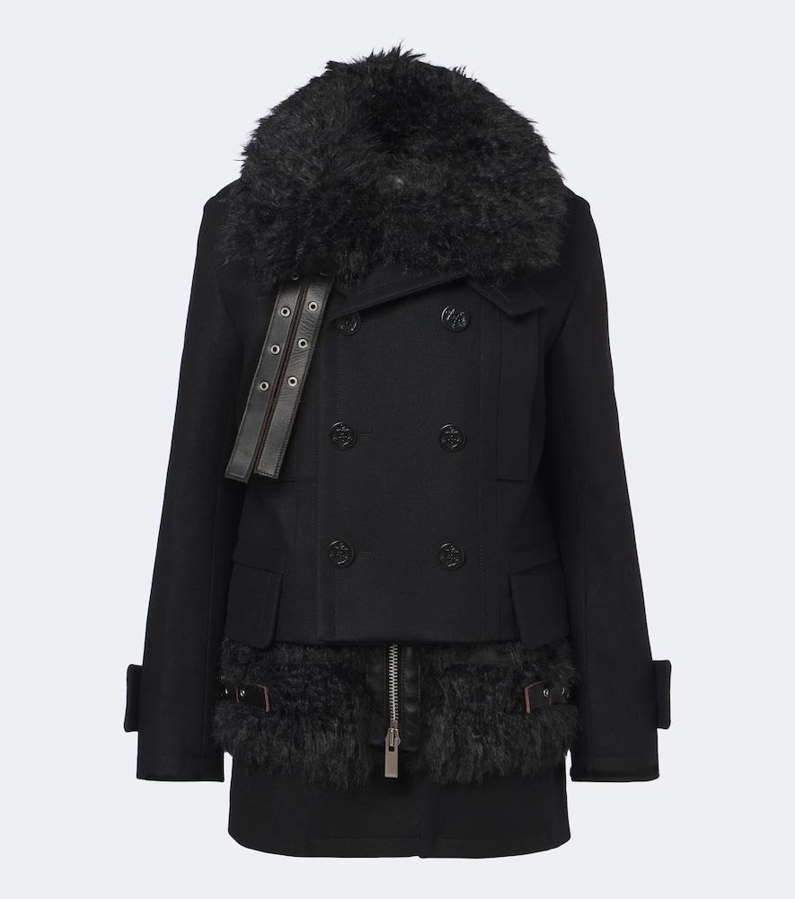 sacai layered leather-trimmed wool coat