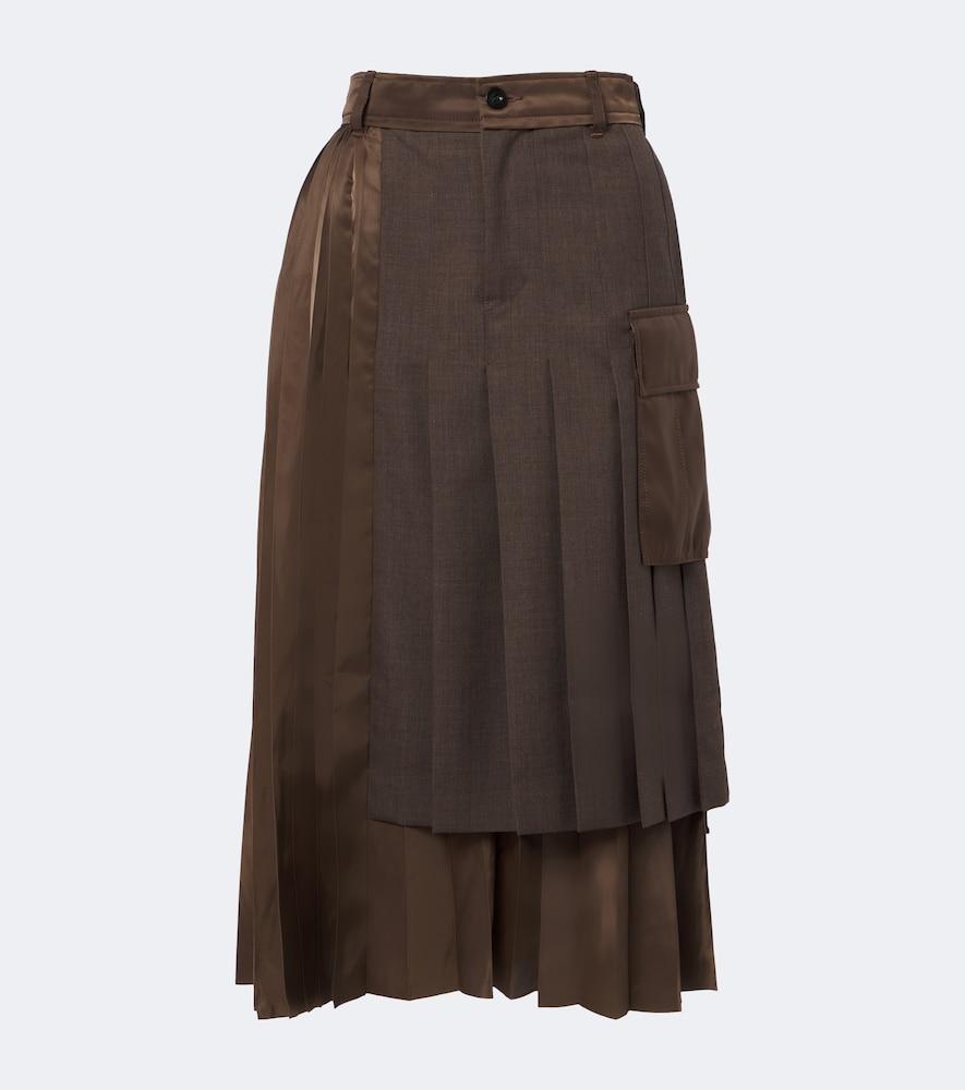 sacai layered pleated wool-trimmed midi skirt
