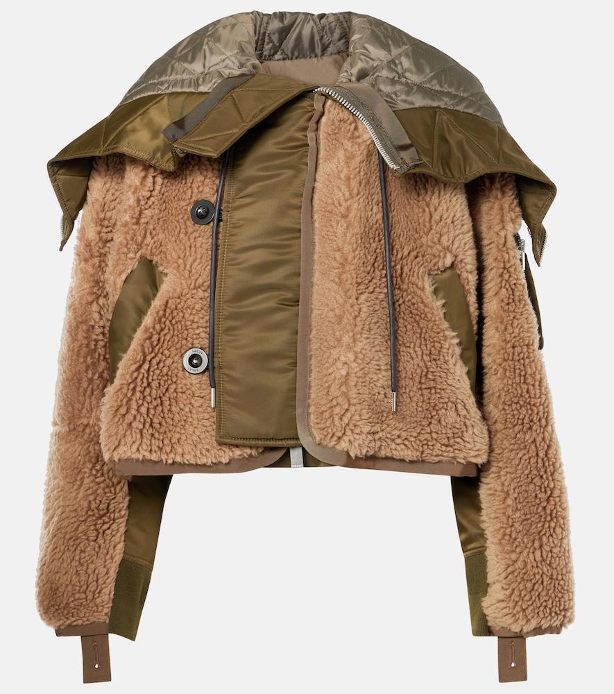 sacai twill-trimmed faux fur jacket