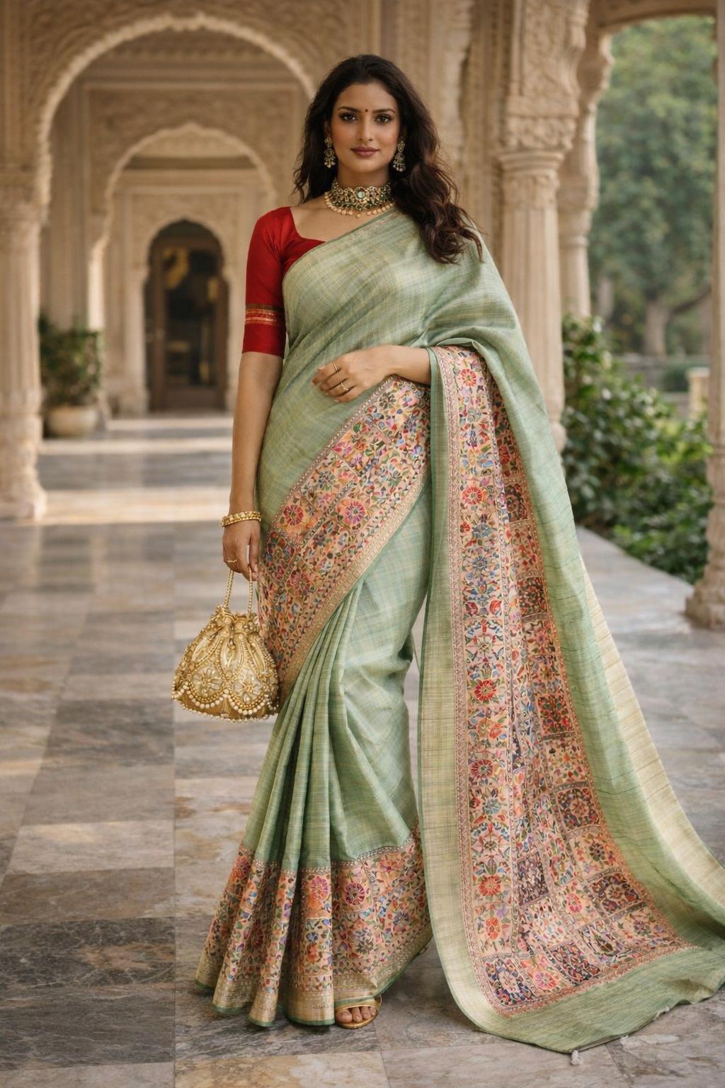 sage green tussar silk with multicolor meenakari block print saree and blouse
