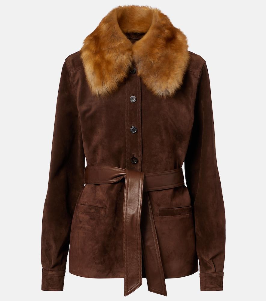 saint laurent belted shearling-trimmed suede jacket
