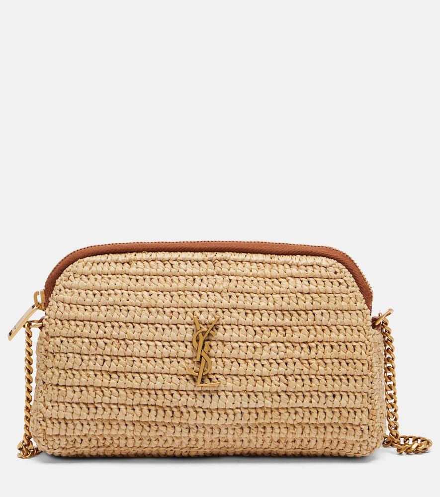 saint laurent gaby leather-trimmed raffia shoulder bag