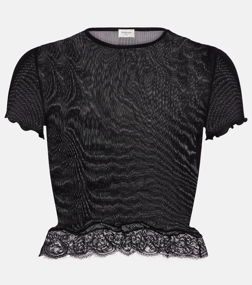 saint laurent lace-trimmed cropped silk t-shirt