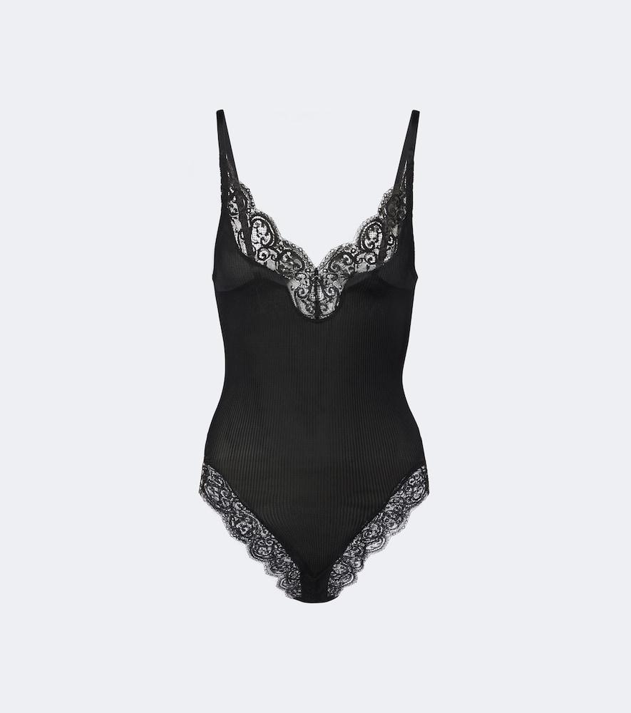 saint laurent lace-trimmed ribbed-knit silk bodysuit