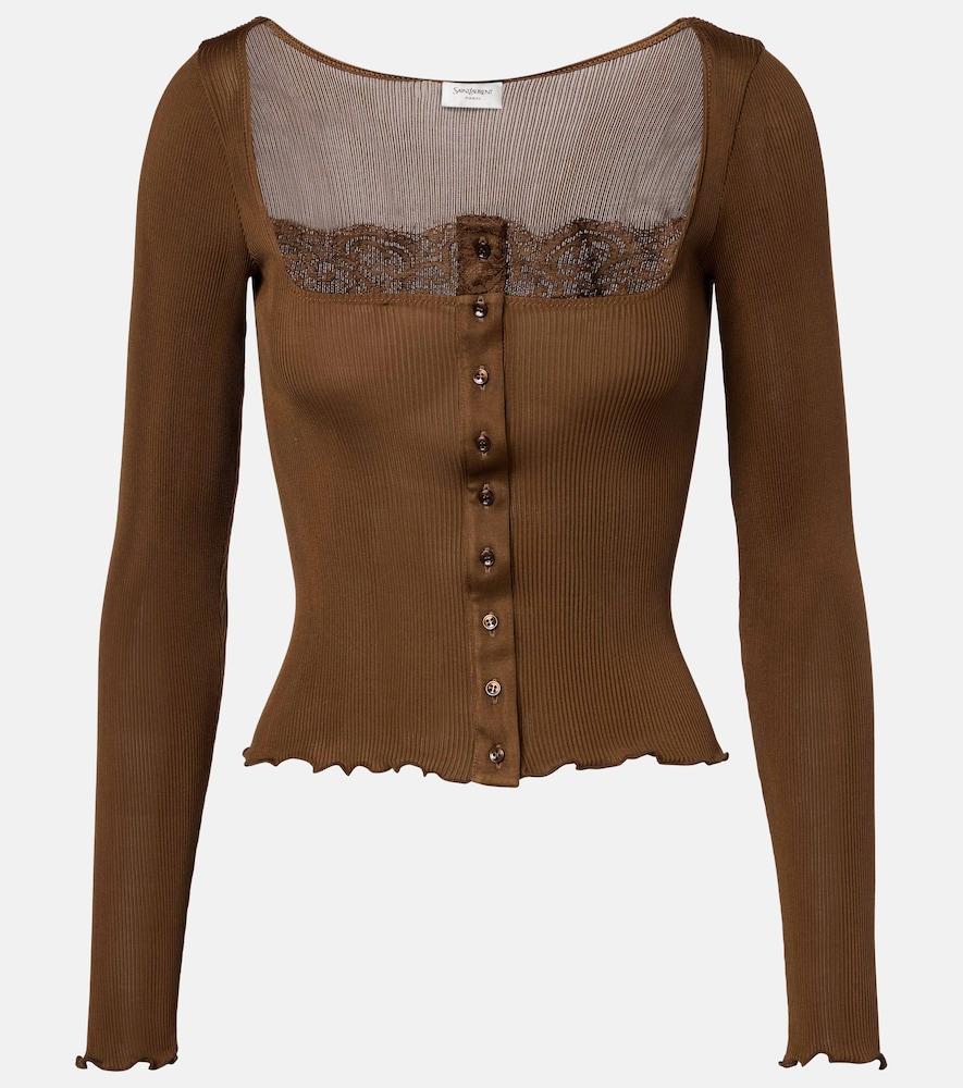saint laurent lace-trimmed ribbed-knit silk jersey top