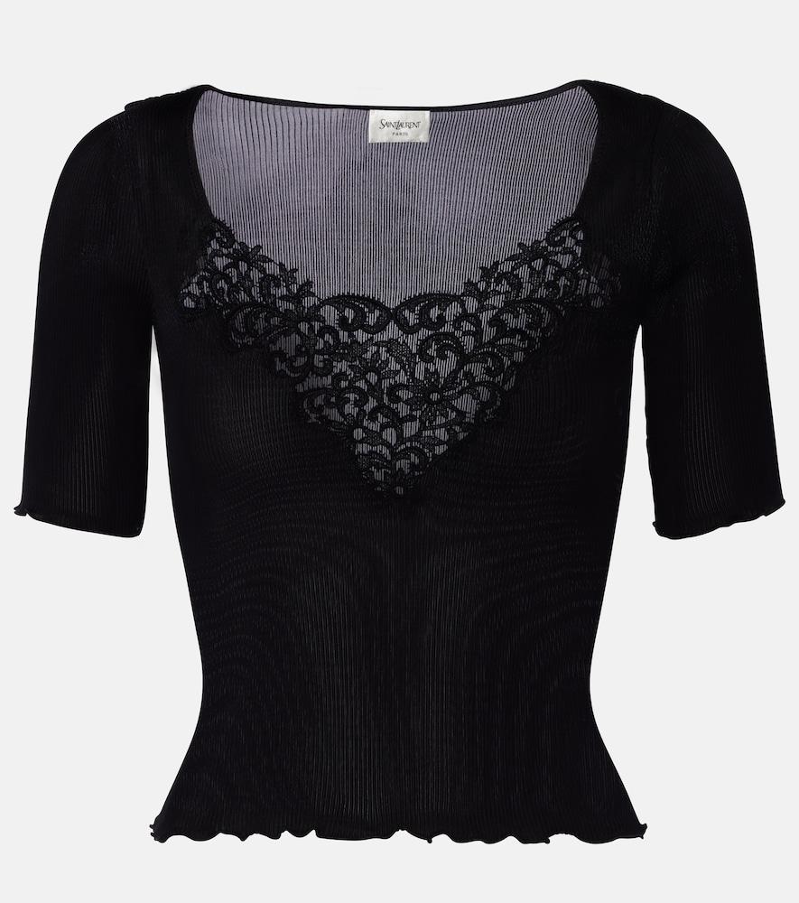 saint laurent lace-trimmed ribbed-knit silk top