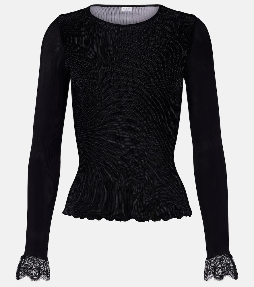 saint laurent lace-trimmed ribbed-knit silk top