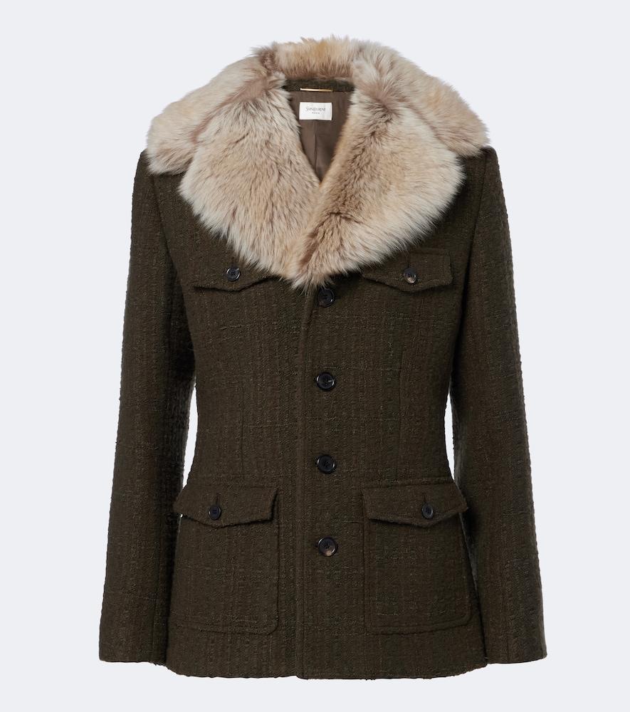 saint laurent shearling-trimmed wool-blend tweed jacket
