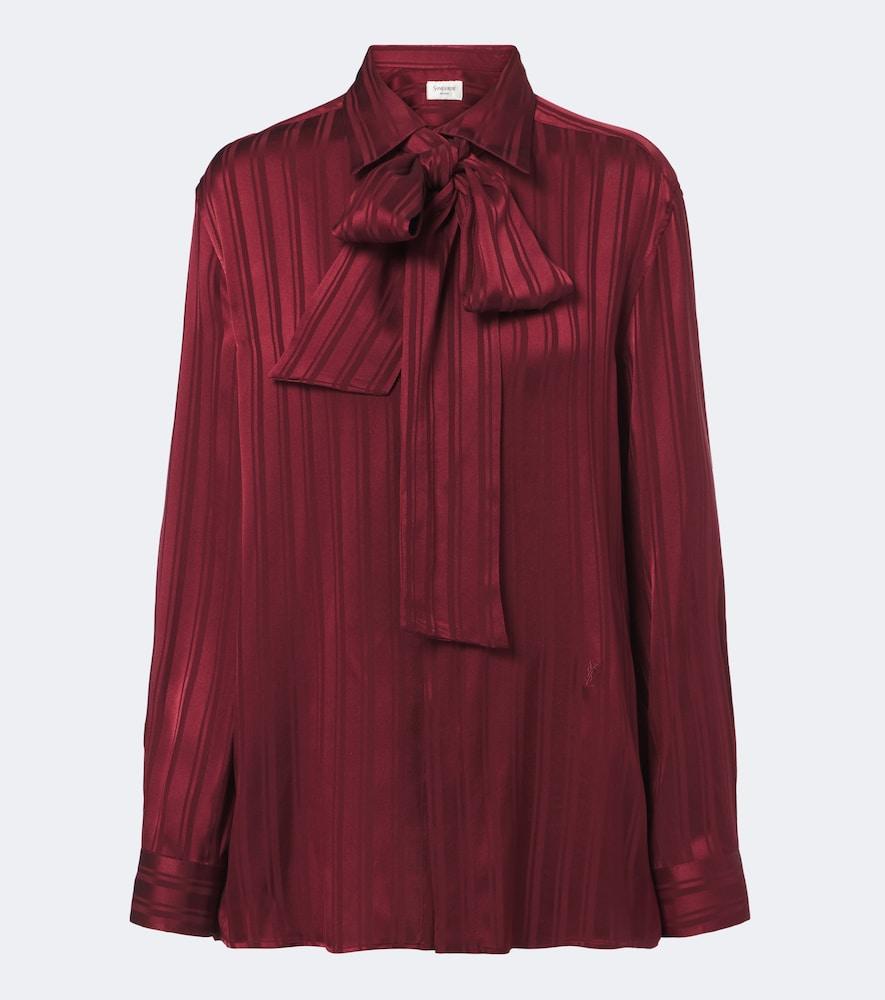 saint laurent striped tie-neck silk jacquard blouse