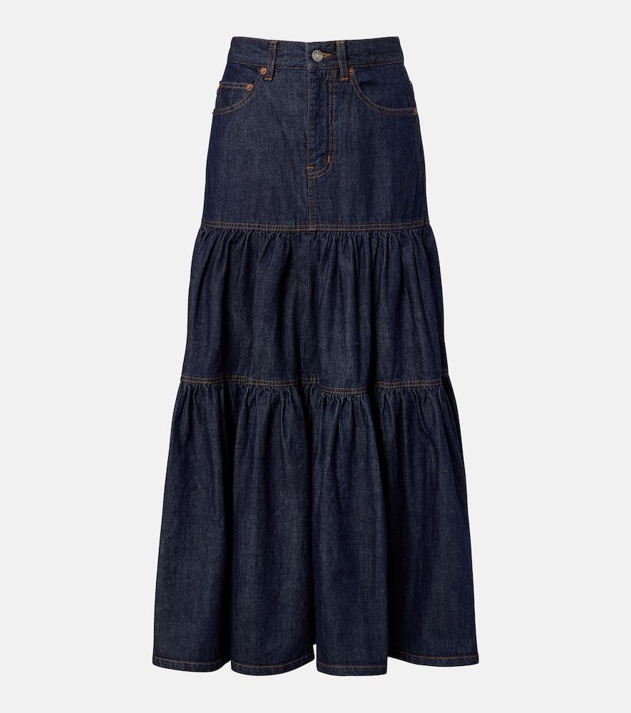 saint laurent tiered denim maxi skirt
