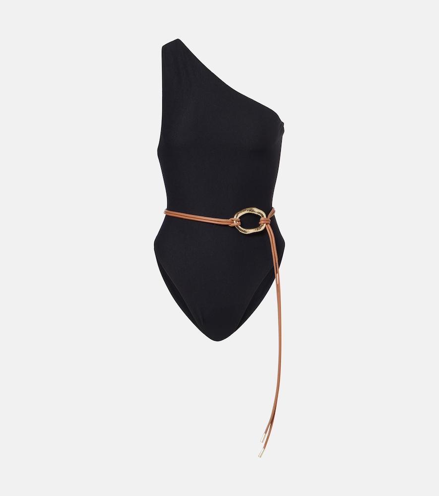 same belted one-shoulder swimsuit