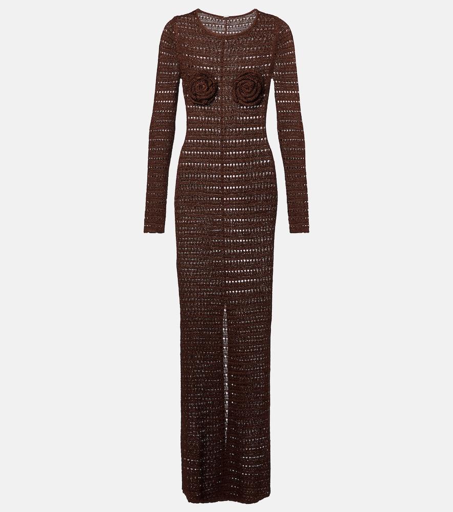 same floral-appliqué crochet maxi dress