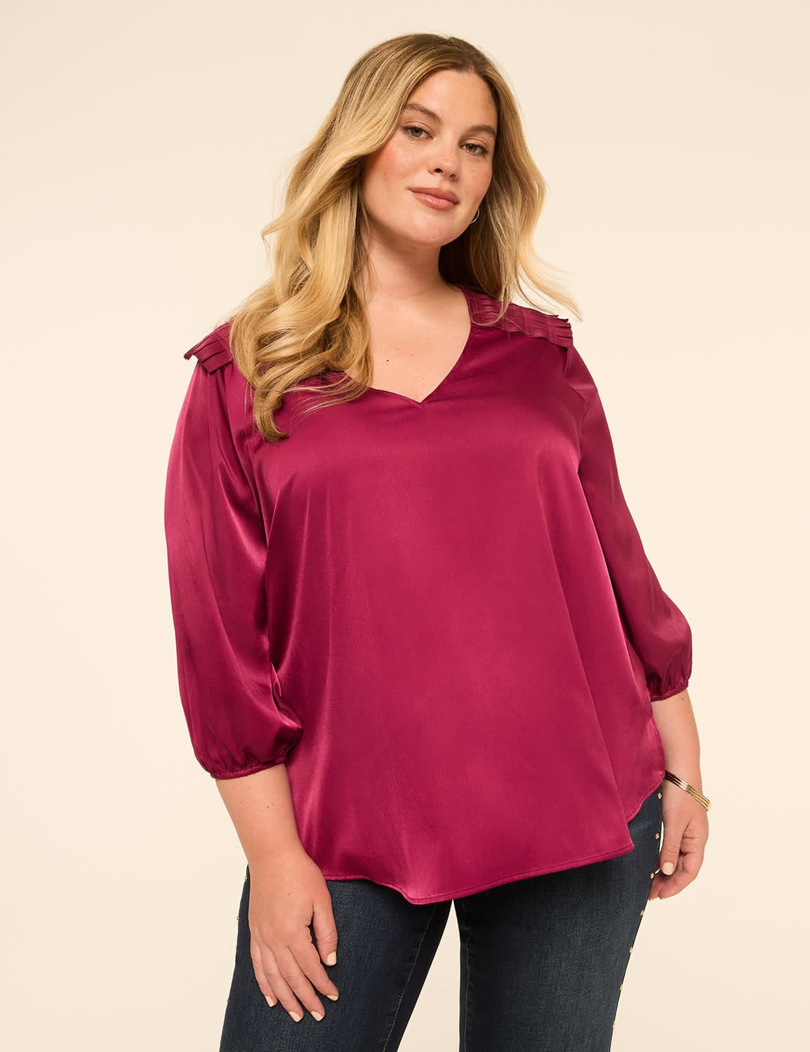 satin pleated-shoulder popover blouse