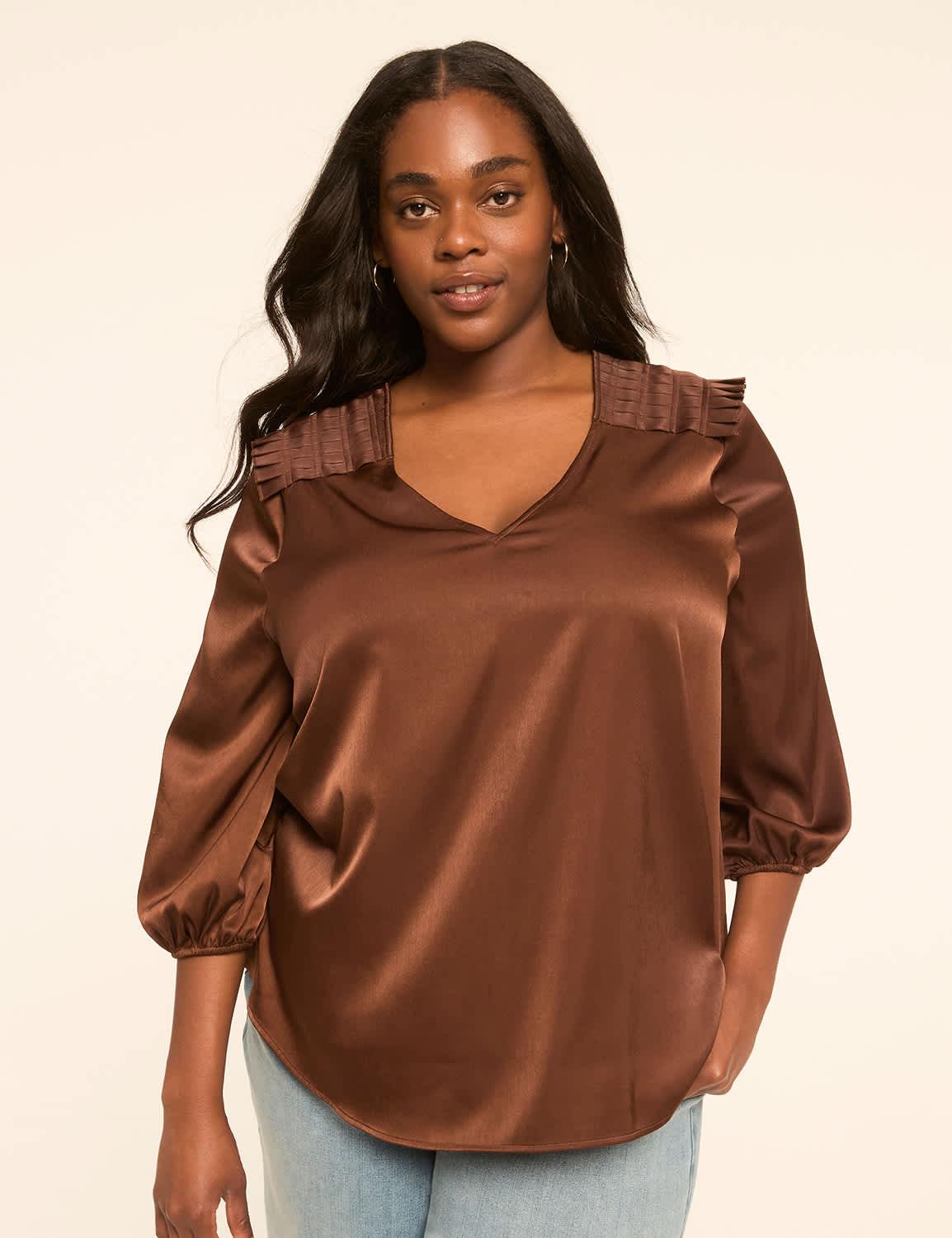 satin pleated-shoulder popover blouse