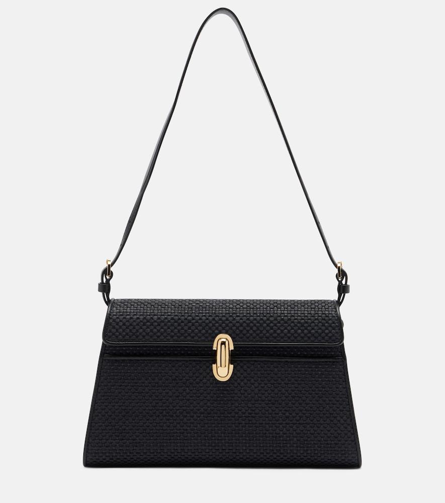 savette symmetry leather-trimmed raffia shoulder bag