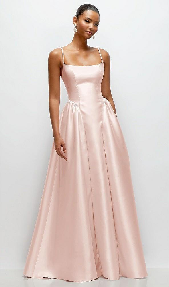 scoop neck drop basque skirt satin maxi dress with pockets