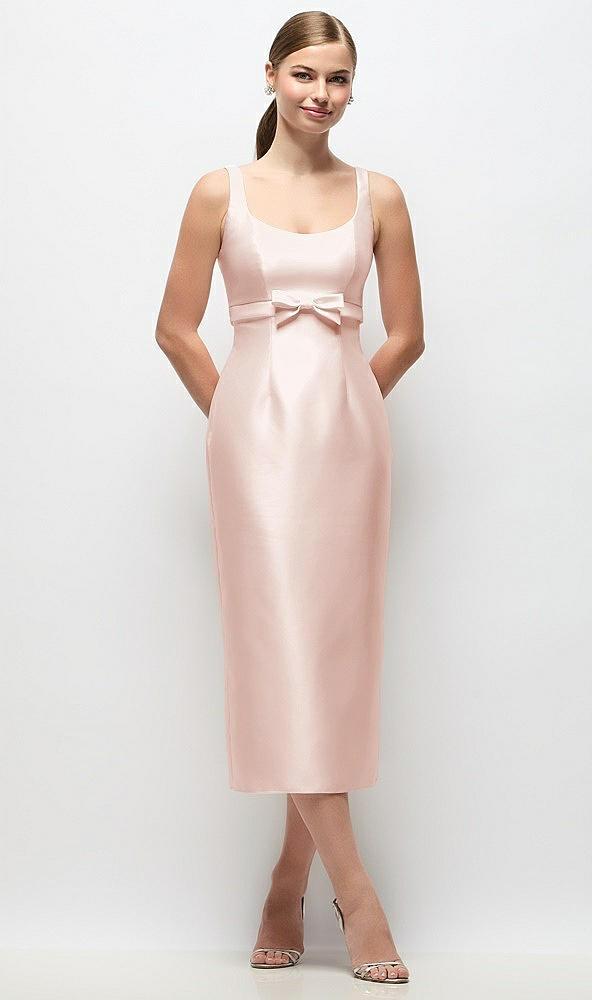 scoop neck satin column midi dress with bow at empire waist