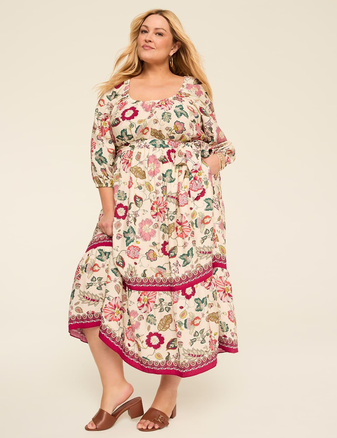 scoop-neck tie-waist tiered maxi dress